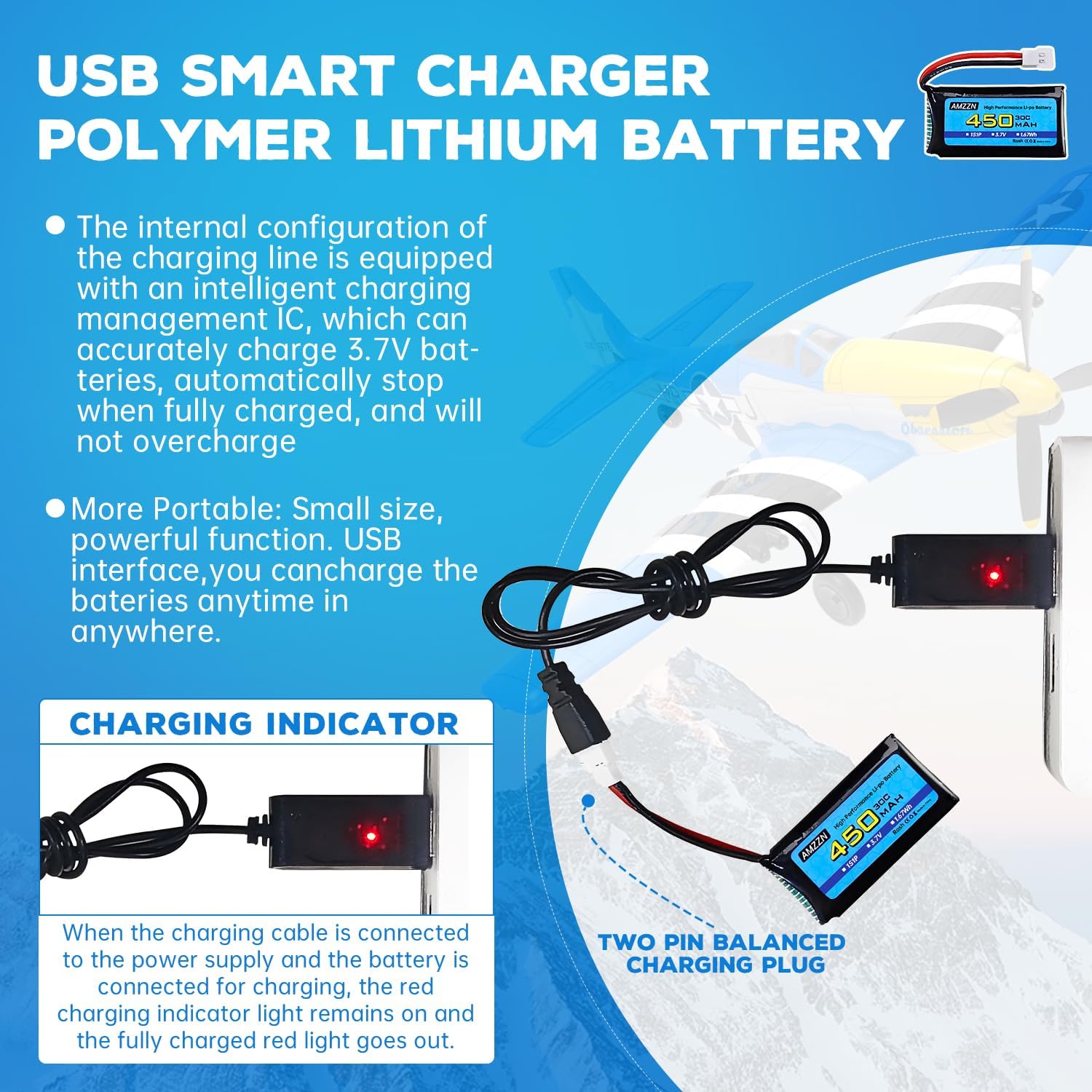2 baterías Lipo de 3.7 V 450 mAh 30C con cable de carga USB, enchufe Molex compatible con la mayoría de drones RC, aviones de cuatro ejes y modelos
