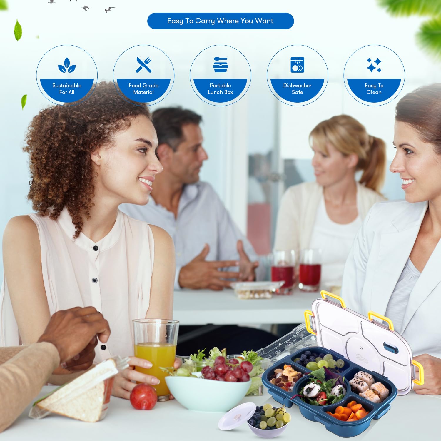 Tarlini – Caja Bento azul para adultos, contenedor de 5 compartimentos con separadores para comidas equilibradas, caja Bento japonesa segura para