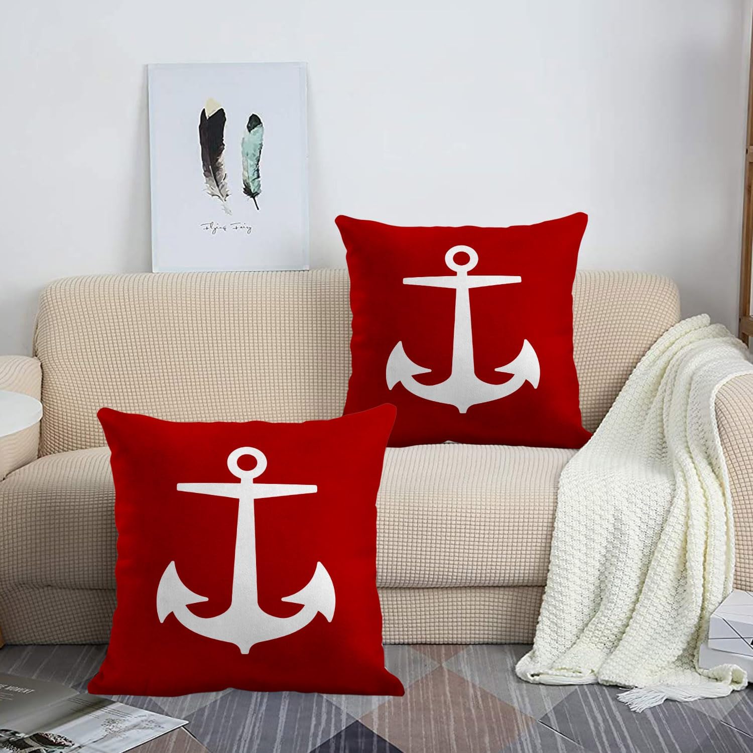 Emvency Funda de almohada decorativa con diseño de botes rojos, diseño náutico, océano, blanco, decoración del hogar, funda cuadrada de 18 x 18