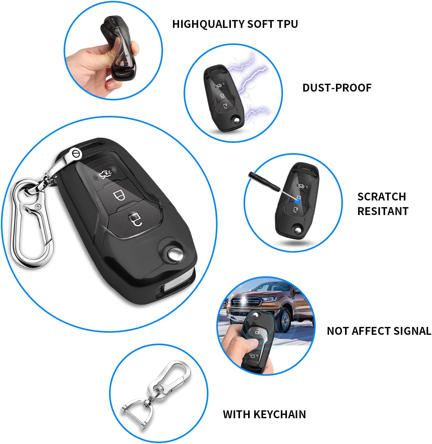 QBUC Funda para llavero Ford, protector de TPU compatible con Ford F150 F250 2015 2016 2017 2018 2019, Focus 3 Escort Kuga Everest Fiesta Mustang