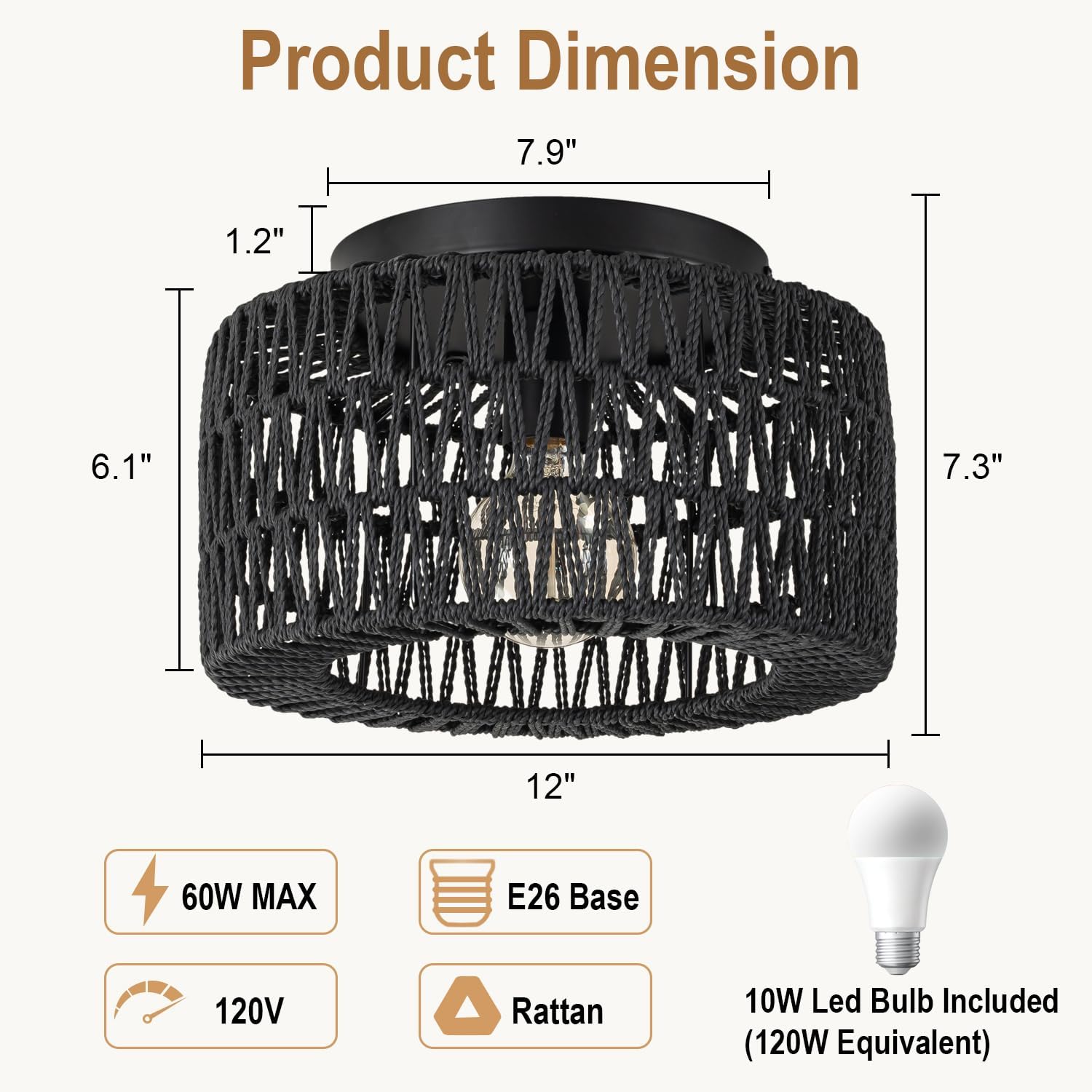 Lámpara de techo de ratán (12 pulgadas, bombilla LED incluida), lámpara de techo bohemia tejida a mano para pasillo, cocina, granja, vestíbulo,