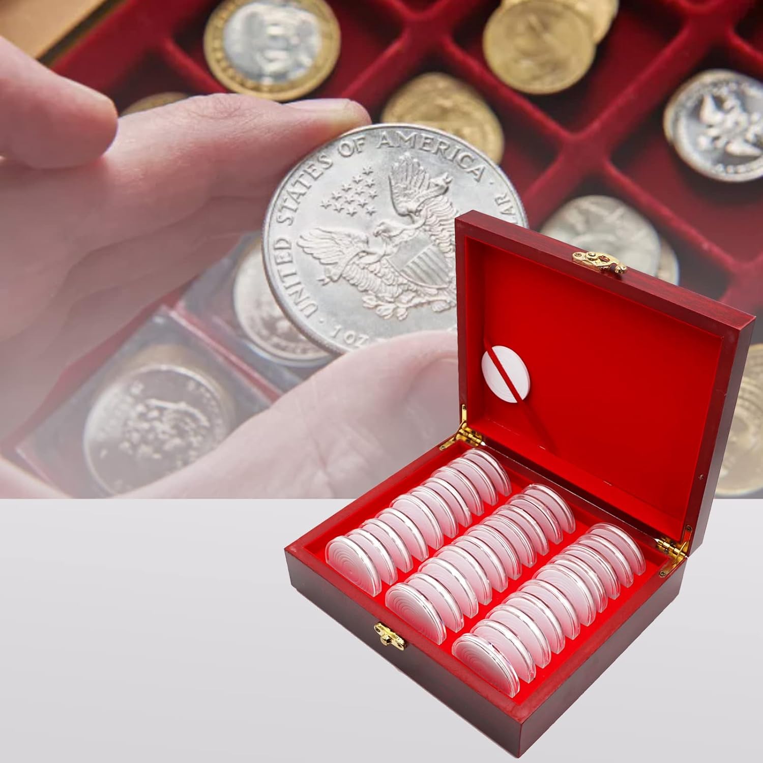30 unidades de 1.811 in de madera para monedas de 1.81 pulgadas, caja de colección de monedas con cerradura, 6 tamaños (20253035401.811 in)