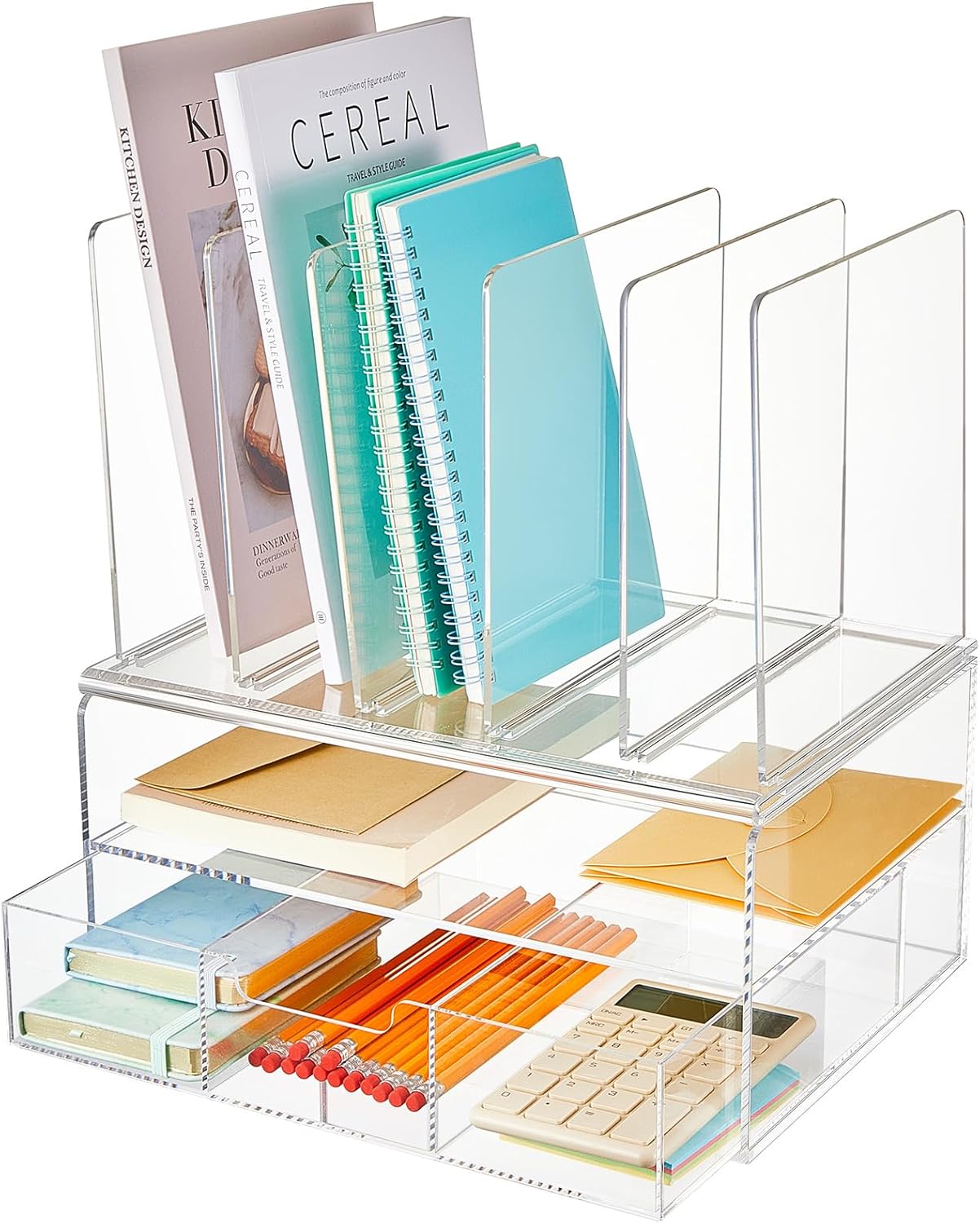 Yeaqee Organizador de escritorio de acrílico transparente y accesorios, organizador de archivos para escritorio con cajón deslizante, bandeja doble,
