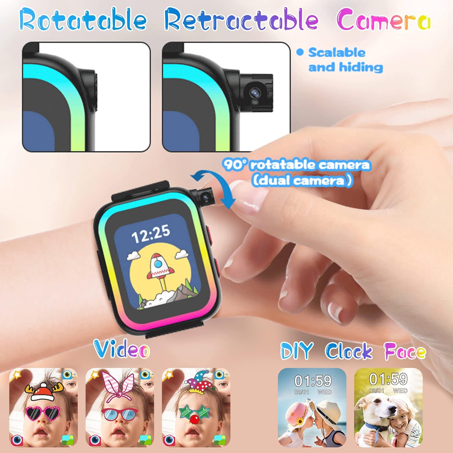Smart Watch for Kids – Kids Smart Watch Boys with Rotatable Camera Audio Books Games Video Music Player Alarm Clock Pedometer, Kids Watch Gifts Toys