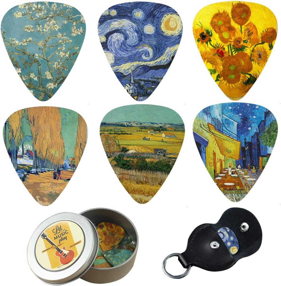 Paquete de 12 puntas de guitarra de celuloide de 0.71mm con estilo y colorido para el bajo de la guitarra, Van Gogh