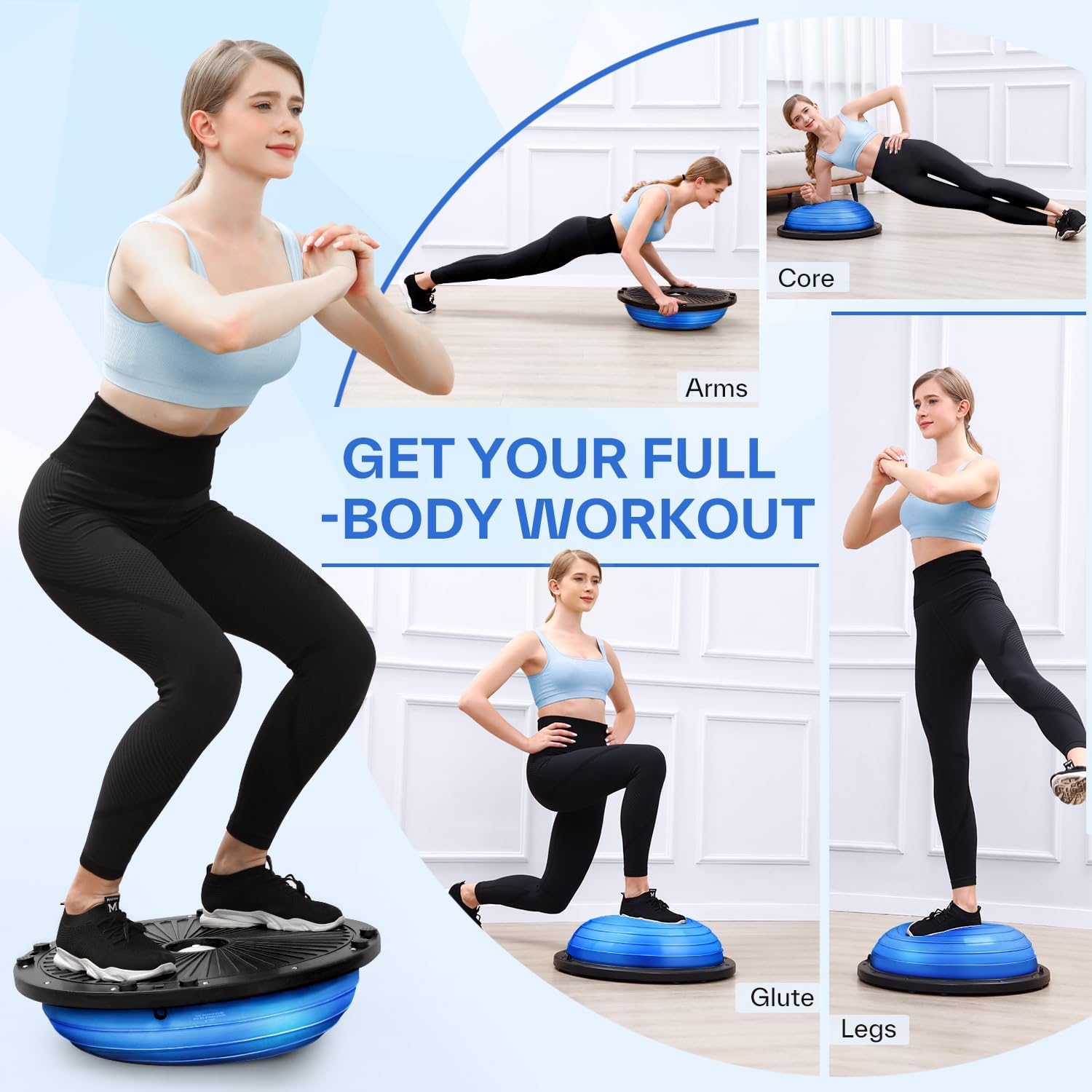 Sportneer Entrenador de pelota de equilibrio con bandas de resistencia y bomba, media pelota de yoga inflable para entrenamiento de cuerpo completo