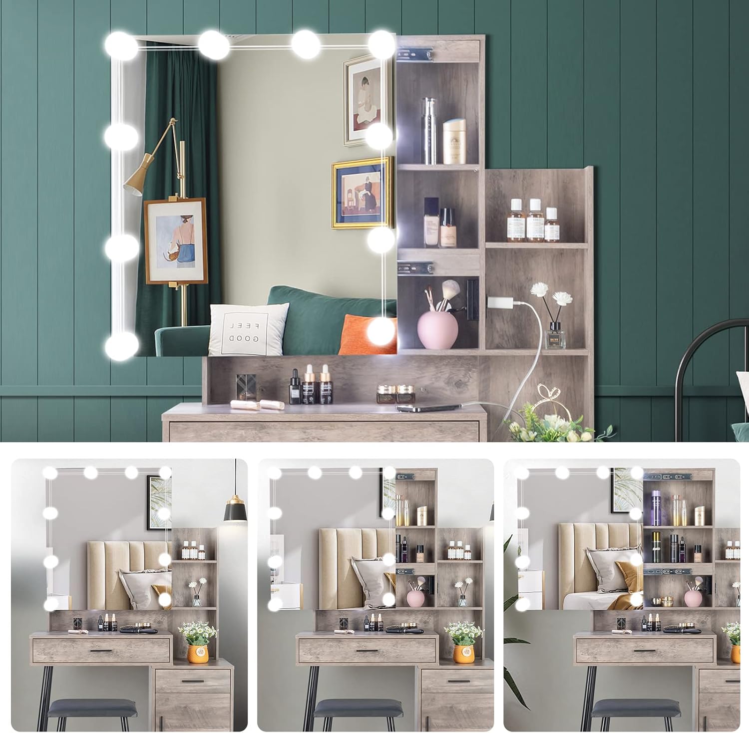 VINGLI Escritorio de tocador gris rústico con espejo deslizante y luces, tocador de maquillaje con 2 cajones, estantes ajustables y una puerta,