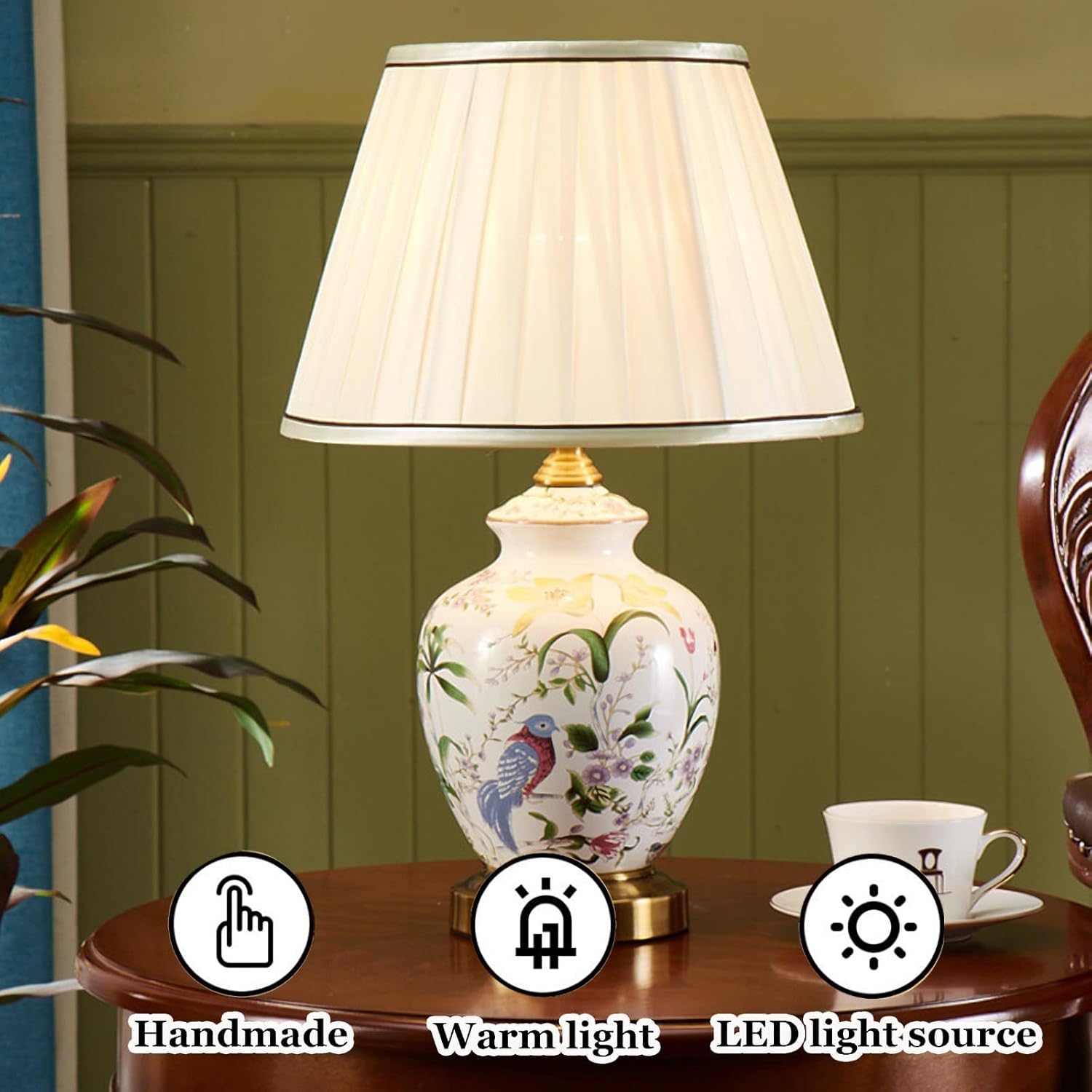 Chinoiserie – Lámpara de mesa de cerámica, lámpara de noche LED con flores americanas y pájaros, pantalla clásica de tela blanca para escritorio,