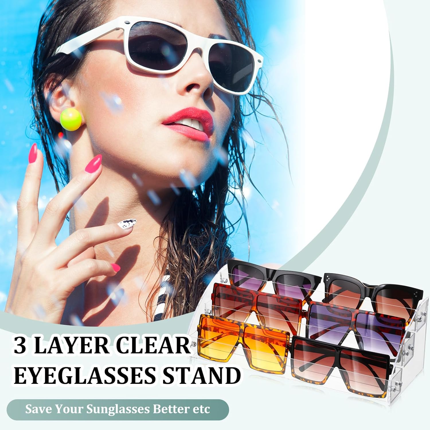 Jetec Organizador de lentes de sol de acrílico de 3 capas, soporte de exhibición, organizador de esmalte de uñas, bandeja de plástico transparente