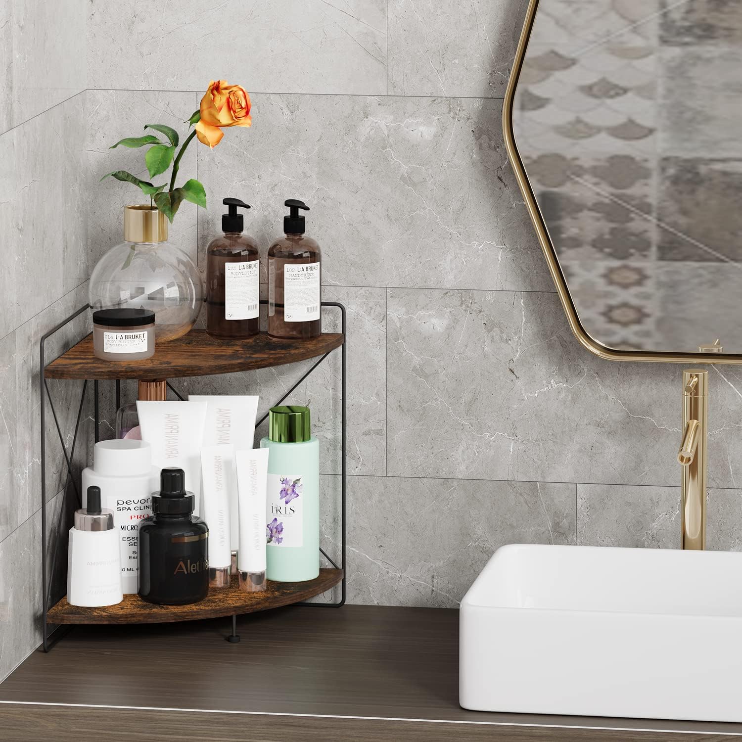 Estante esquinero de 2 niveles, organizador de encimera de baño, organizador de estante de encimera de cocina, estante de escritorio de madera,