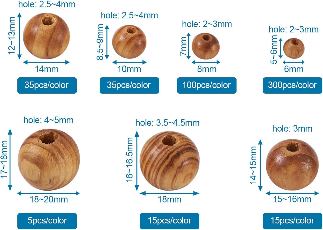 1010 cuentas de madera sin terminar, cuentas redondas de madera natural, 7 tamaños, cuentas espaciadoras de madera surtidas para hacer manualidades