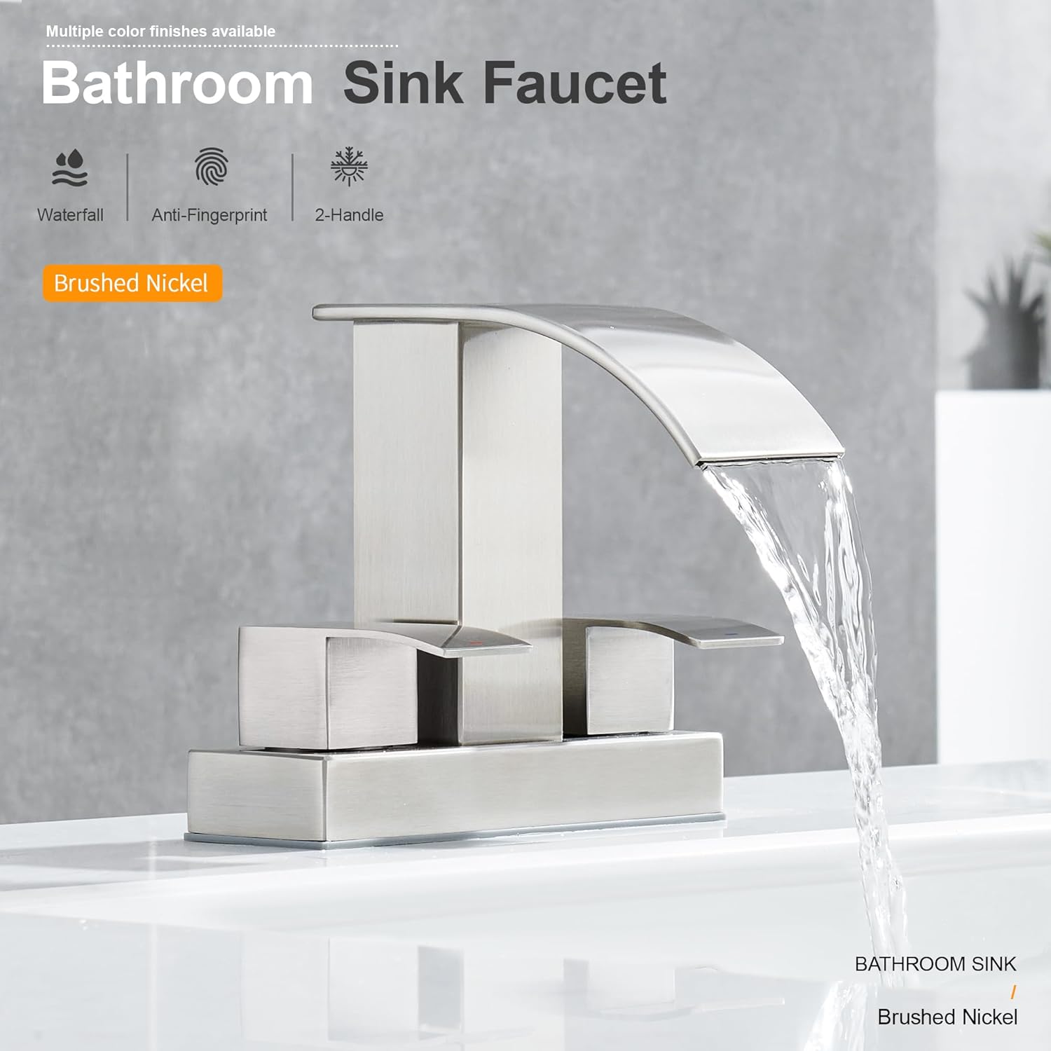 Grifo de baño de cascada de 2 manijas de níquel cepillado con drenaje desplegable, grifo de 2 agujeros para fregadero central de 4 pulgadas, grifo