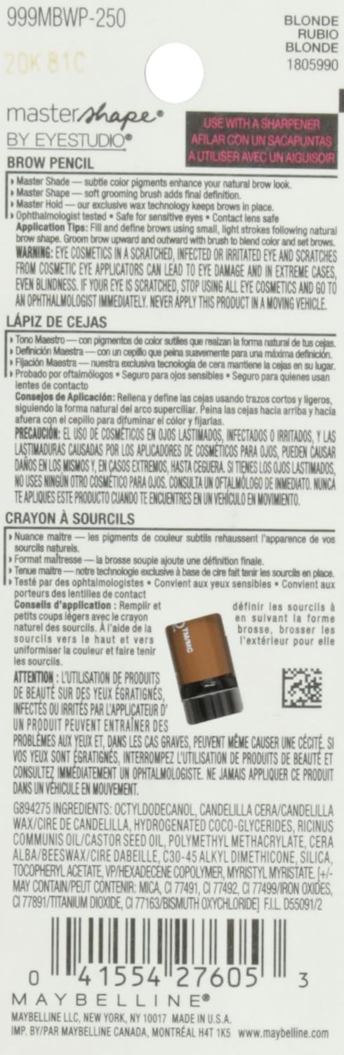 Maybelline New York Eye Studio Master Shape – Lápiz para cejas, color rubio, 0.02 onzas líquidas