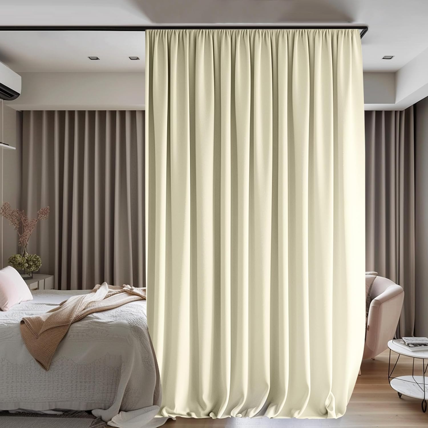 Cortina divisora de habitación con riel de techo flexible, cortinas de techo de privacidad total, opacas, a prueba de sonido, para sala de estar,