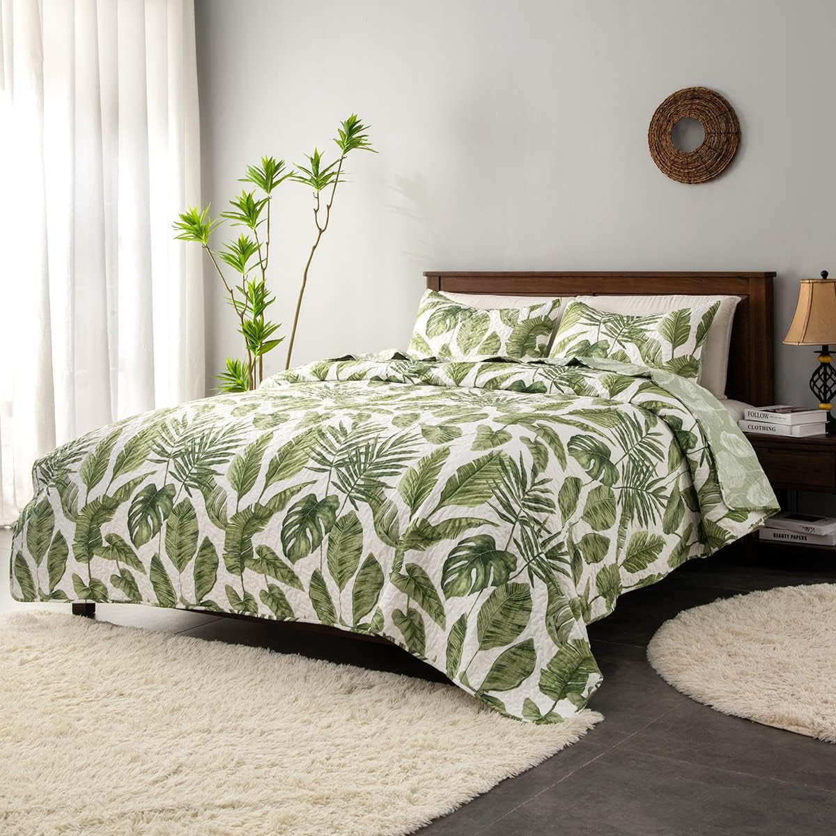 HORIMOTE HOME Juego de edredón de plantas tropicales de 2 piezas, tamaño individual, hojas de palma verde, estilo selva, juego de ropa de cama