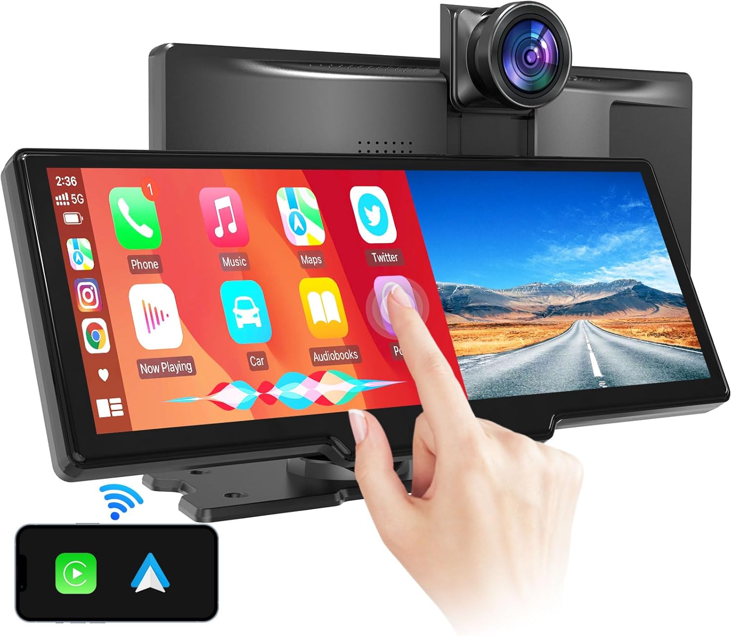 Pantalla portátil de Apple CarPlay montaje en tablero estéreo inalámbrico Android Auto con cámara de tablero de 2.5 K – Pantalla HD IPS de 10.26