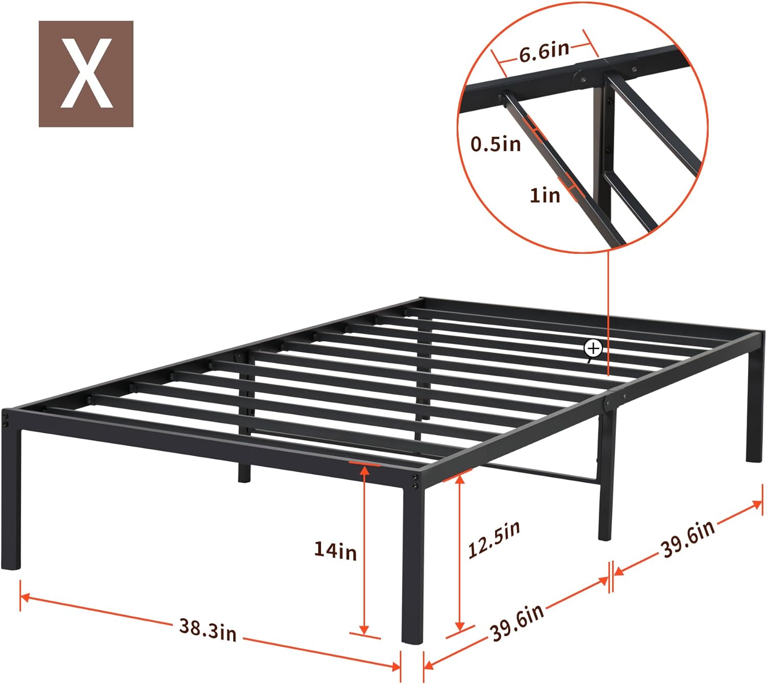 PrimaSleep Marco de cama de acero resistente de 14 pulgadas, antideslizante, cómodo marco de cama, sin ruido, fácil de montar, color negro, tamaño