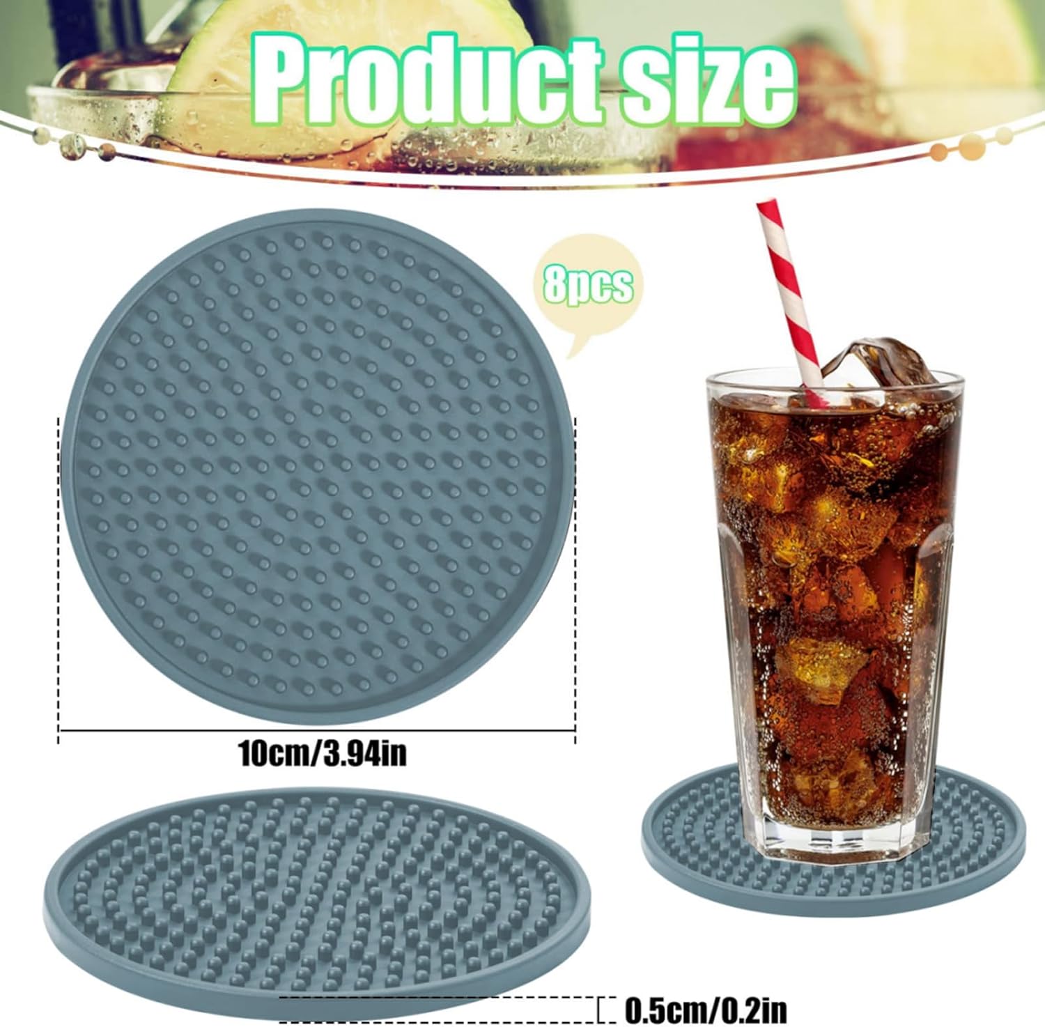 Posavasos de silicona para bebidas 8 unidades, posavasos de silicona para bebidas con soporte, tapete para bebidas antideslizante y antiadherente,