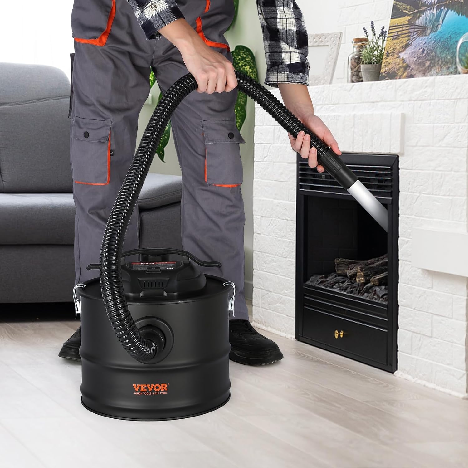 VEVOR Aspiradora de 4 galones con potente succión de 1200 W, colector de aspiradora de cenizas con manguera flexible de 47.2 pulgadas, para