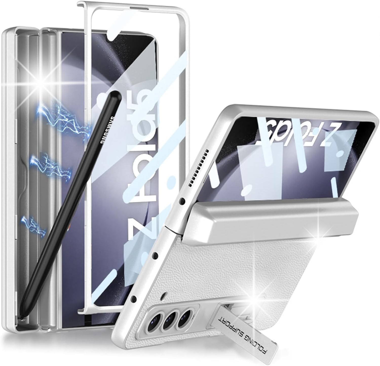 Miimall Funda para Galaxy Z Fold 5, soporte integrado para S Pen + protección magnética de bisagra+protector de pantalla+soporte de grado militar a