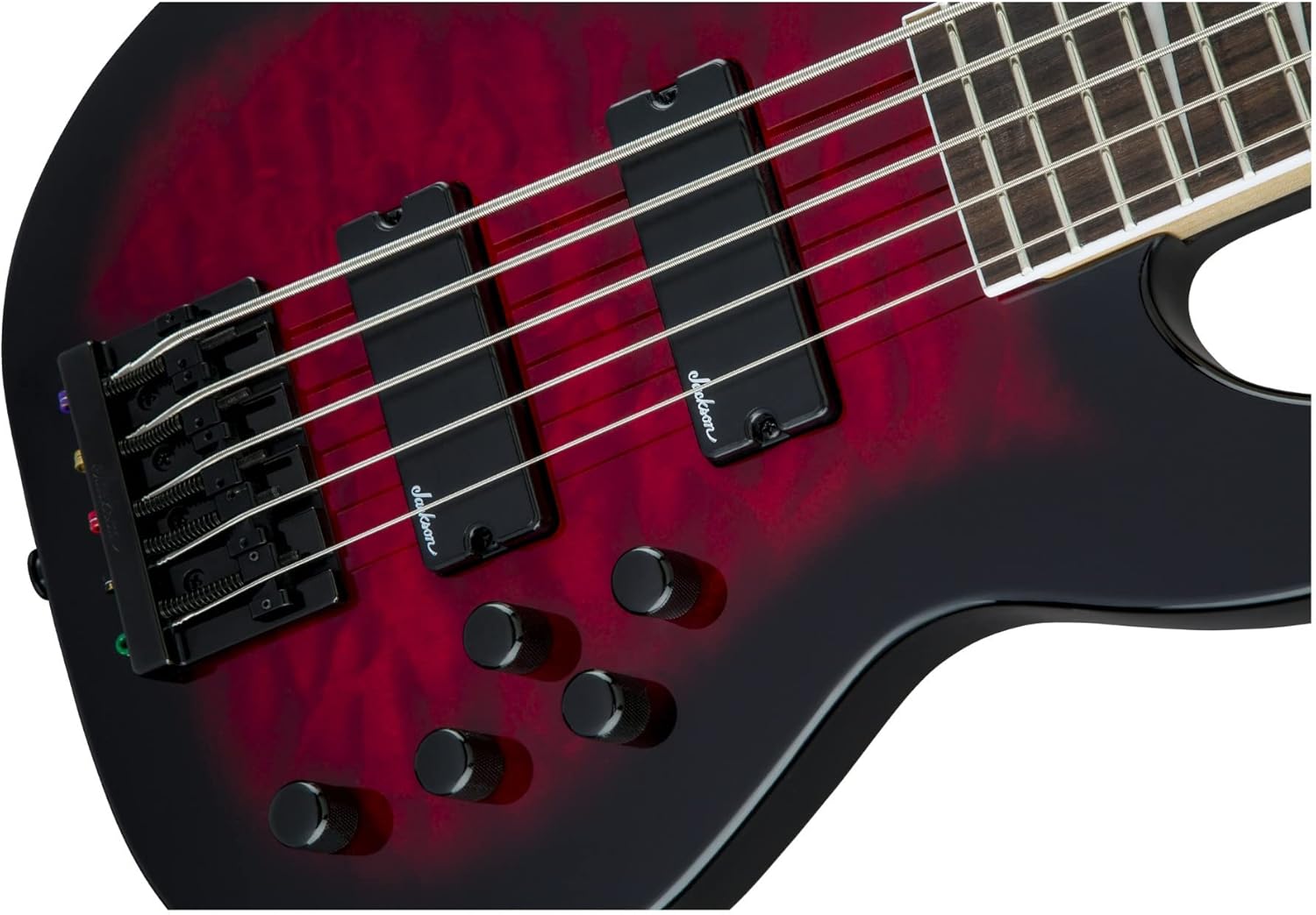 Jackson JS Series – Bajo de concierto de 5 cuerdas JS3VQ, explosión roja transparente, diapasón de amaranto