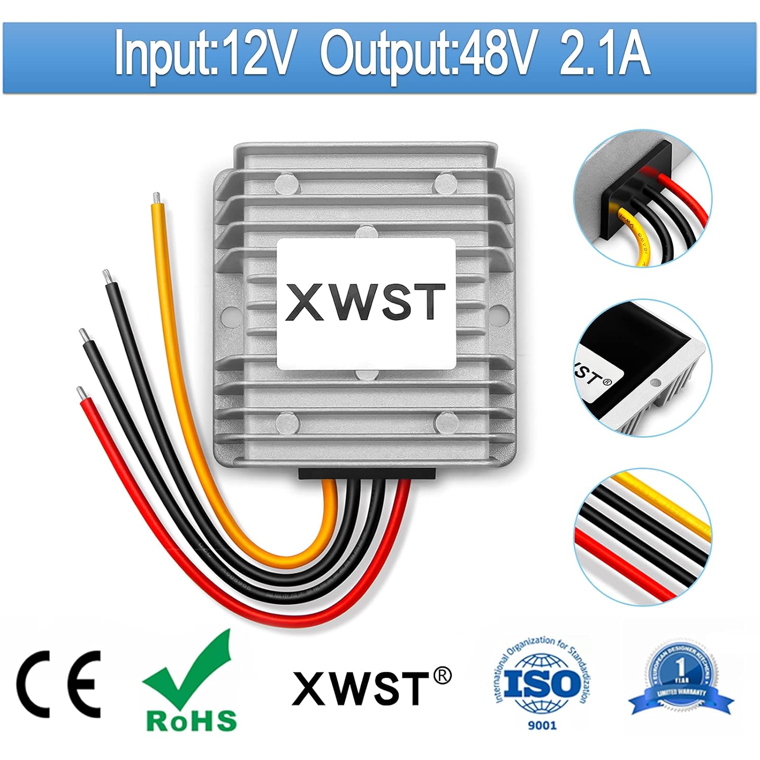 XWST – Convertidor de voltaje de convertidor de 12 V CC de 12 V de hasta 48 V, 2.1 A, 100 W, regulador de 48 voltios, impermeable, fuente de