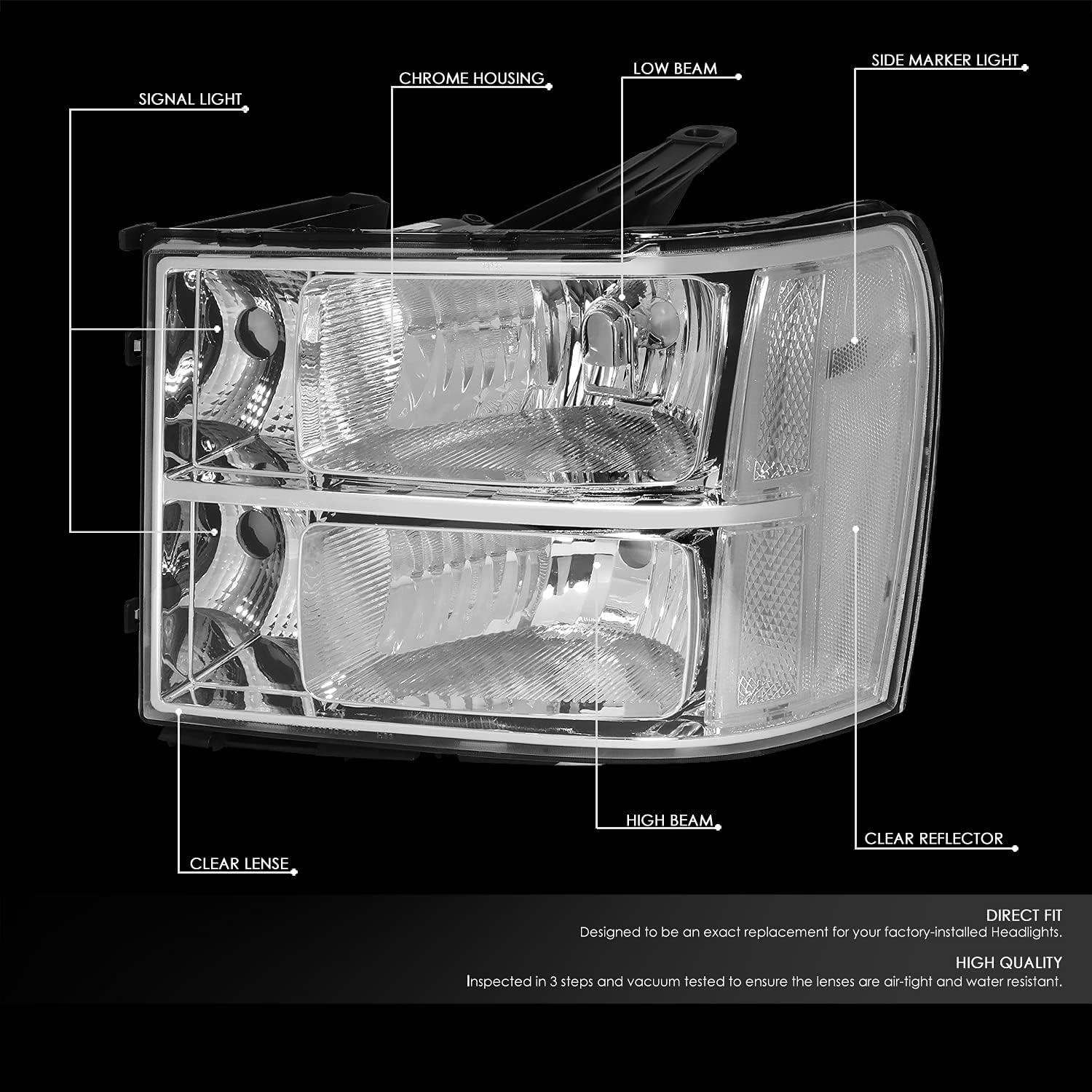 DNA MOTORING HL-OH-GMCSIE07-CH-CL1-CFS-H8 – Faros delanteros de lente transparente con carcasa cromada compatibles con GMC Sierra 1500 07-13 con
