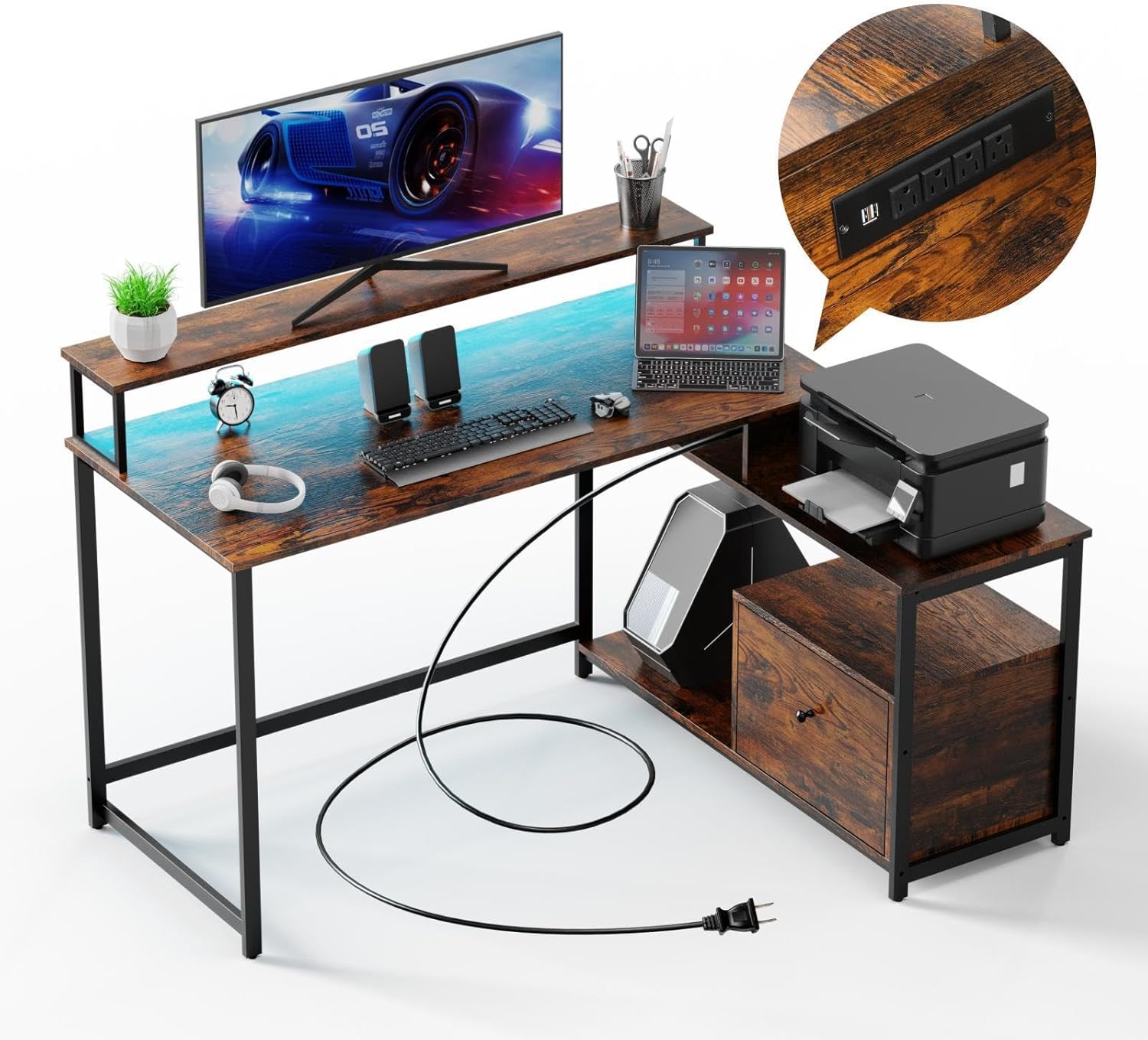 Escritorio ergonómico moderno para computadora con cajón de archivos, escritorio de oficina en forma de L de estilo industrial simple para oficina