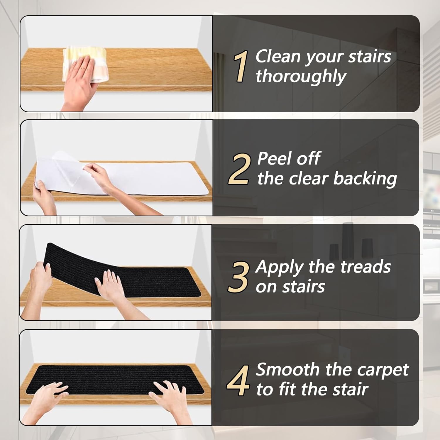 Lacut Alfombra antideslizante para escaleras, 7.8 x 30 pulgadas (paquete de 7), alfombra antideslizante para interiores y exteriores, color negro,