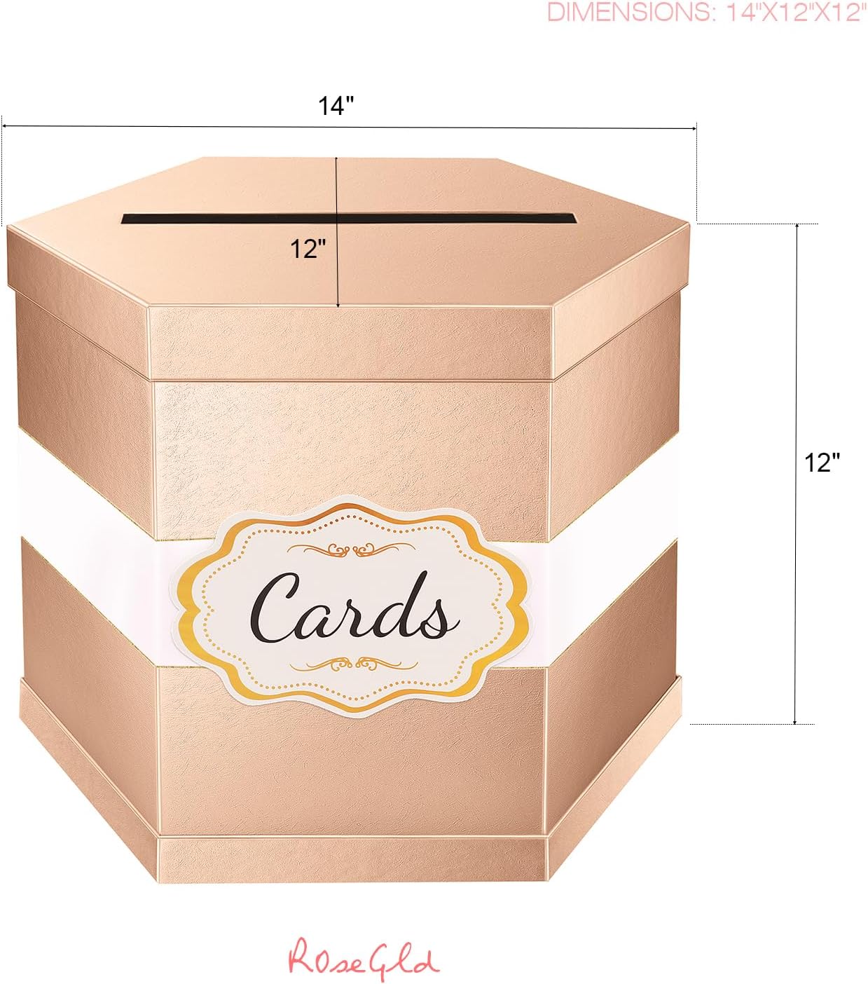 ROSEGLD Caja de tarjetas, caja de recepción de tarjetas con cinta de 14 x 12 x 12 pulgadas, elegante soporte para tarjetas para bodas, graduaciones,