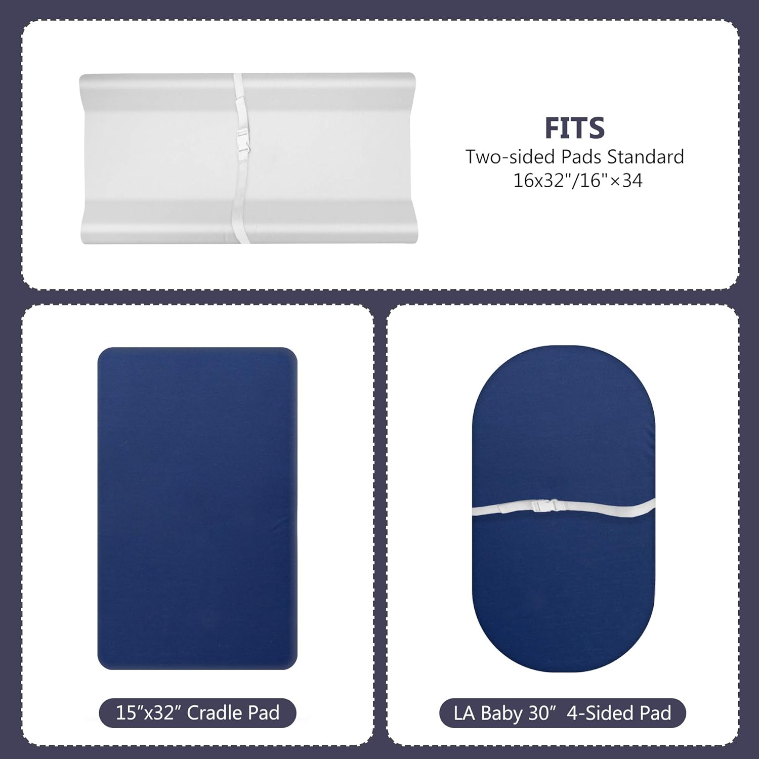 TILLYOU Juego de fundas para cambiador en material de jersey suave, se adapta a almohadillas contorneadas de 32″34×16″ para bebés, azul marino y