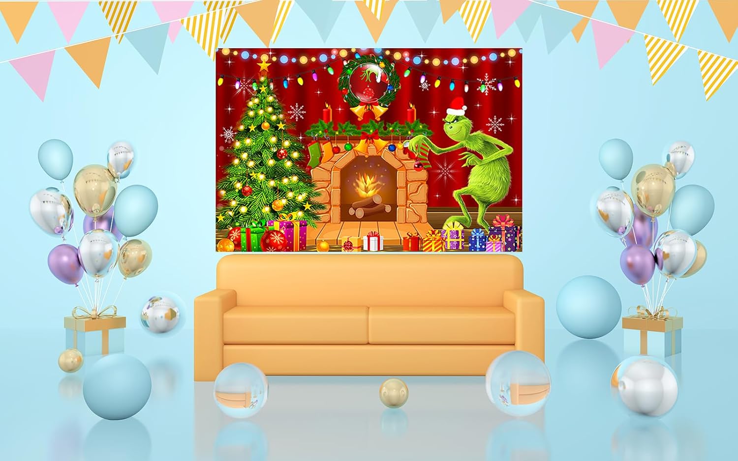 Telón de fondo de chimenea de dibujos animados para suministros de fiesta de Navidad, 5 x 3 pies, fondo de fotos de Navidad de Grinch, telón de