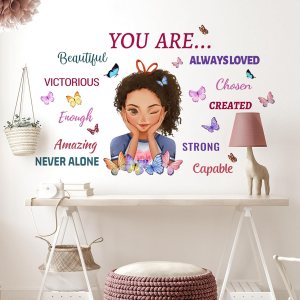 Calcomanía de pared con diseño de mariposa religiosa de niña negra, frase positiva afroamericana con texto en inglés “You are Beautiful”, decoración Calcomanía de pared con diseño de mariposa religiosa de niña negra, frase positiva afroamericana con texto en inglés “You are Beautiful”, decoración