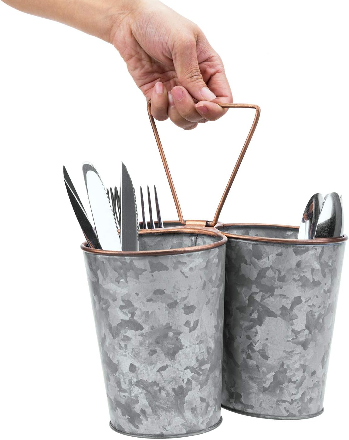 MyGift Organizador de utensilios de metal galvanizado con 3 compartimentos, borde y asa de cobre, almacenamiento de cubiertos para encimera,