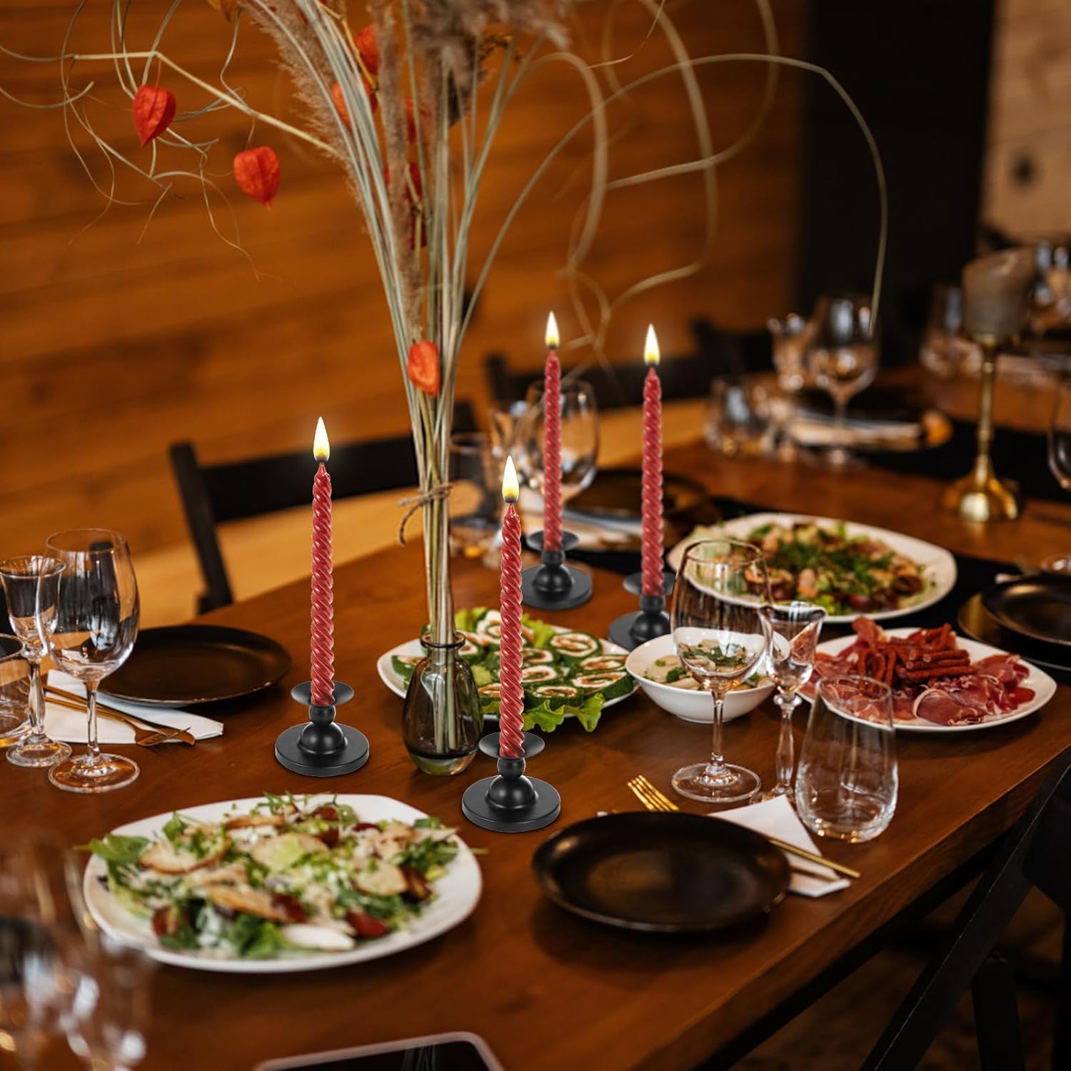 Foraineam Paquete de 4 portavelas de metal, portavelas negros para velas de pilar cónico, portavelas cónico corto de hierro, soporte de vela para