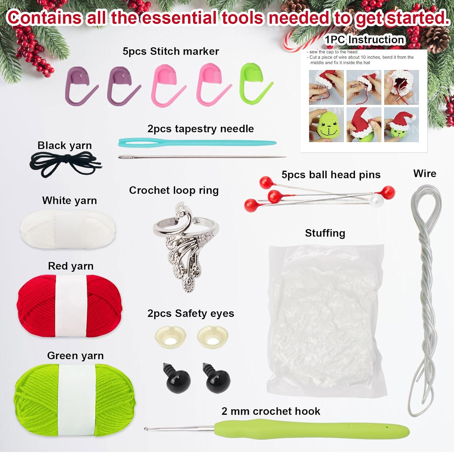 ALODNY Kit de ganchillo para principiantes, kit de ganchillo de Navidad para adultos principiantes, kits de tejer, ganchos, juego de hilo con