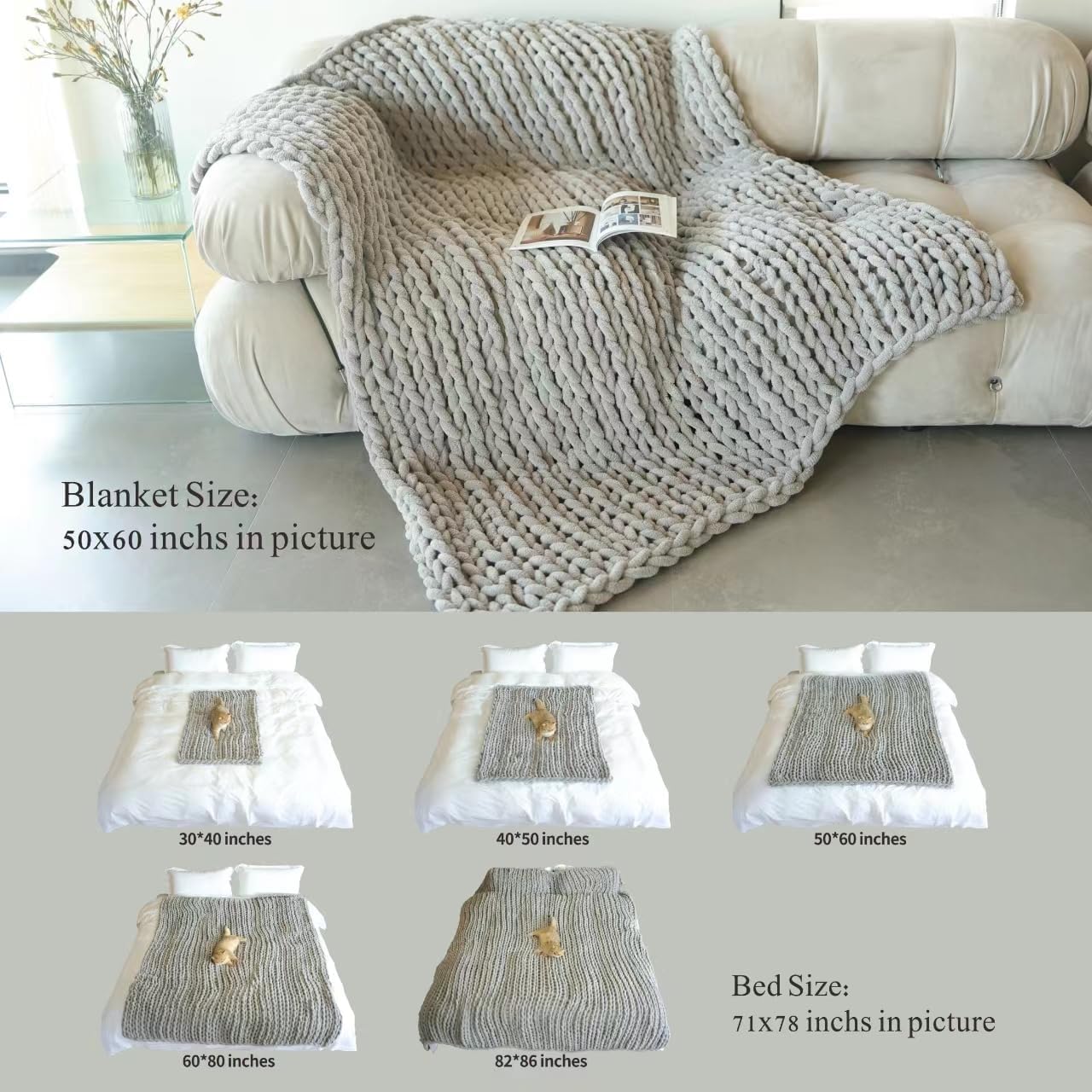 Manta de punto grueso de felpilla (50 x 60 pulgadas), hecha a mano, cálida y acogedora para sofá, cama, decoración del hogar, banco de vellón suave