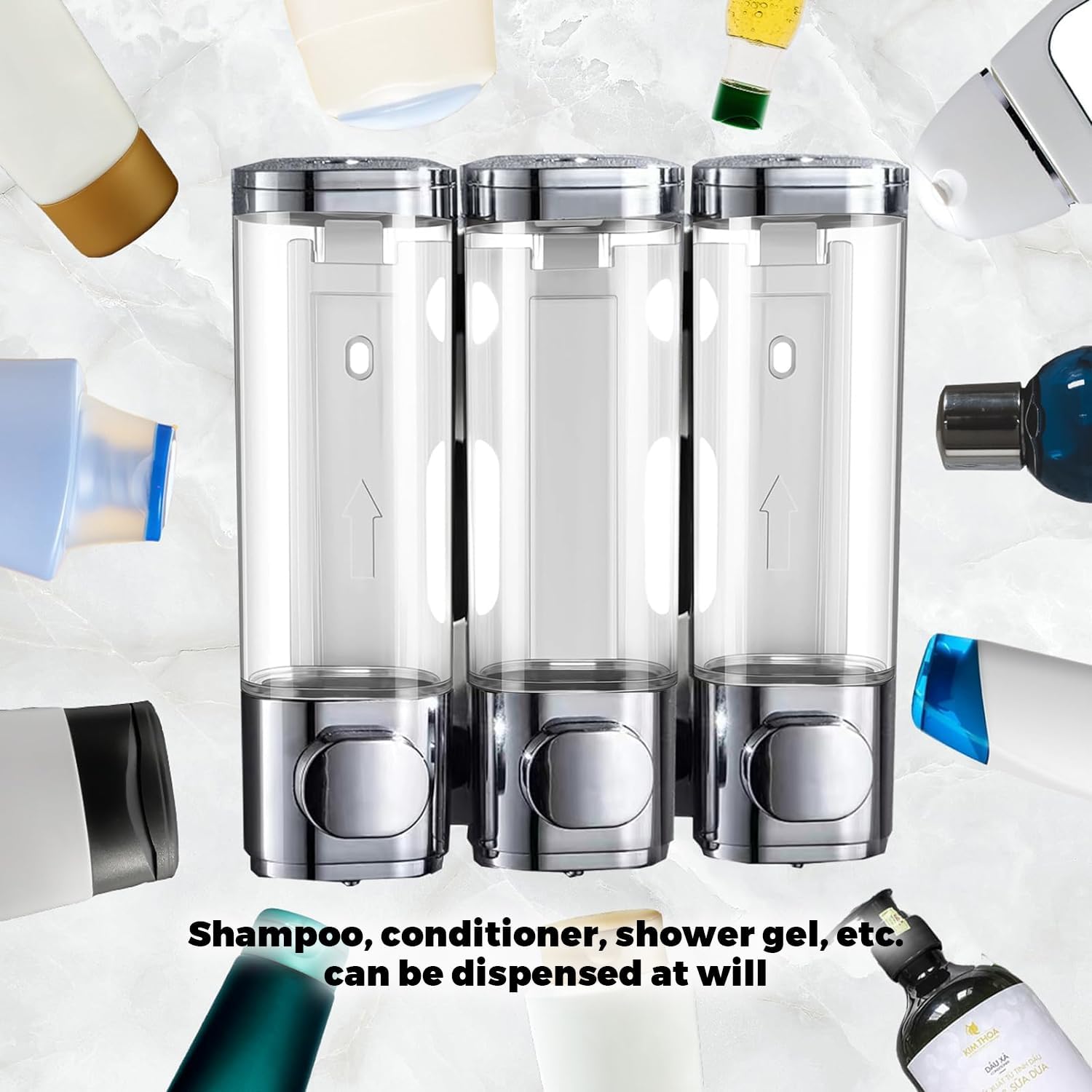 Nidouillet Dispensador de champú y acondicionador de pared, dispensador de jabón de ducha de 3 cámaras, dispensador adhesivo montado en la pared,