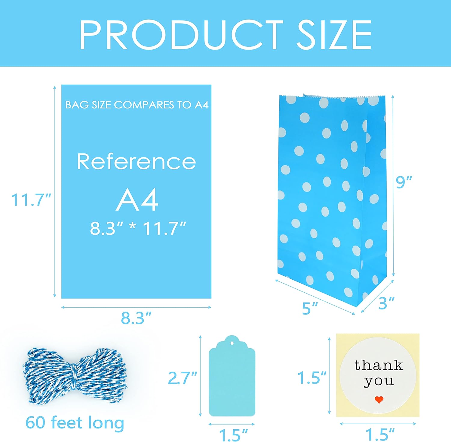 SMINTINE Paquete de 30 bolsas de regalo azules con calcomanías de agradecimiento, etiquetas de papel, cuerda de algodón azul para panaderos, 5 x 3 x