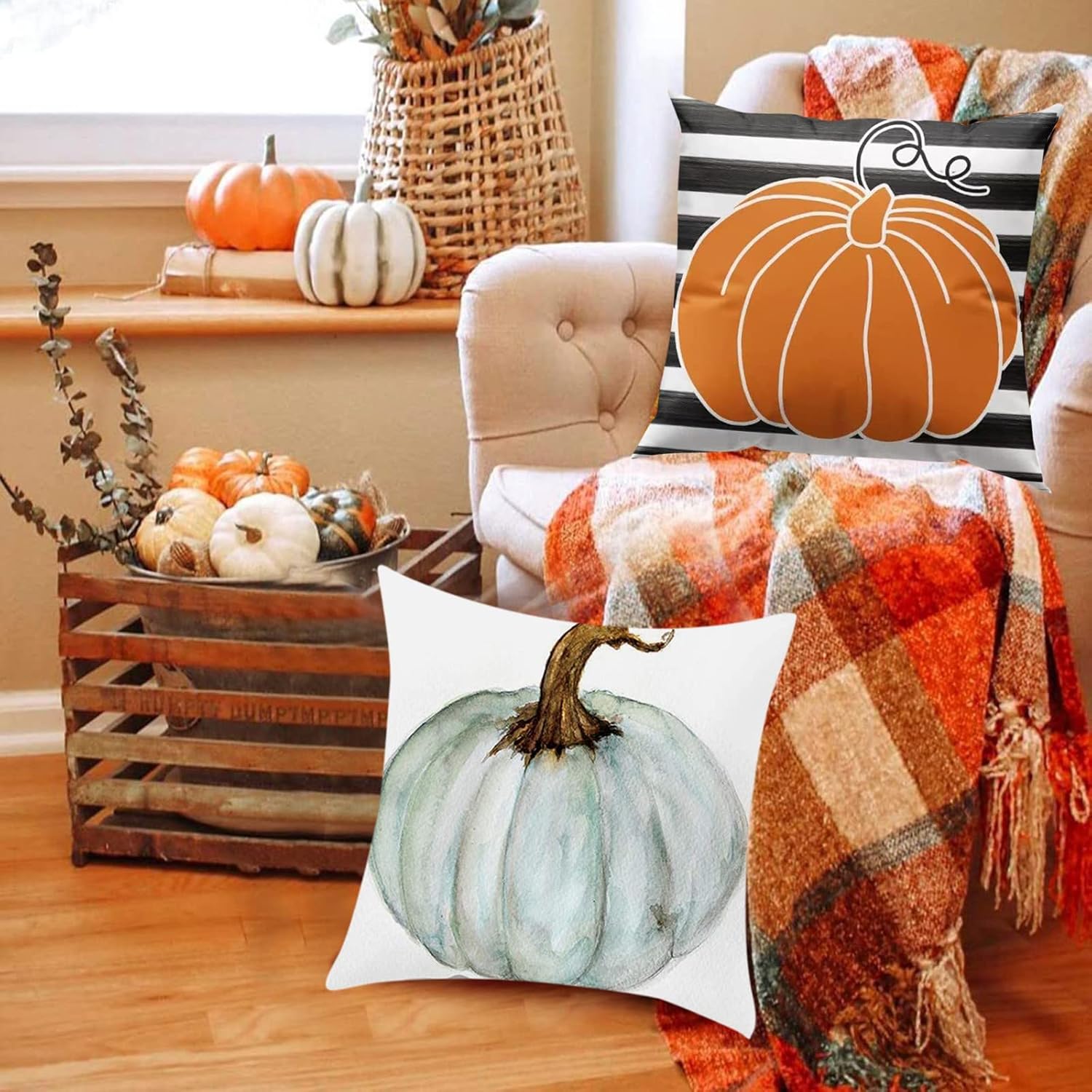 Juego de 4 fundas de almohada decorativas de otoño, decoración de granja de calabaza, calabaza, hoja de arce, funda de cojín decorativa de otoño