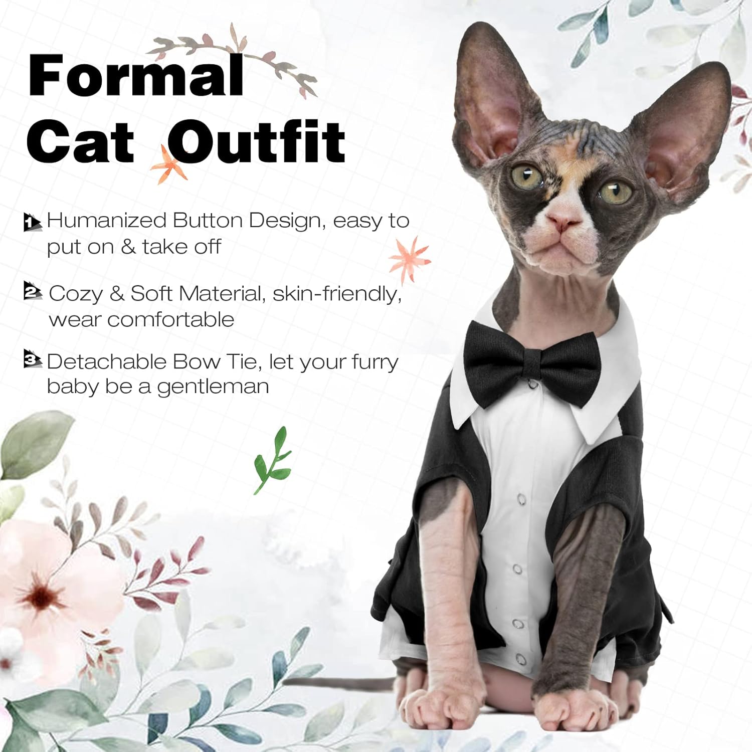 DENTRUN Traje de esmoquin de gato con dos corbatines, elegante camisa de gato, atuendo formal de gato, ropa de moda de gato sin pelo, atuendo formal