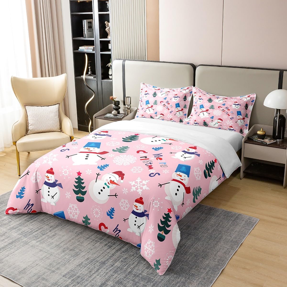 Erosebridal Funda de edredón rosa de Navidad 100% algodón para niños, adolescentes y adultos, juego de ropa de cama de dibujos animados, muñeco de