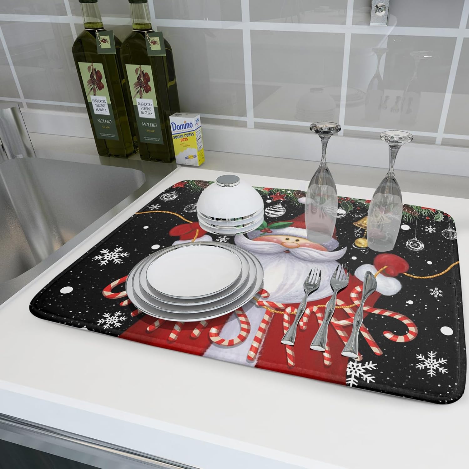 Tapete absorbente para secar platos, tapete de platos de Navidad de Papá Noel para encimeras de cocina, 18 x 24 pulgadas, escurridor de platos de