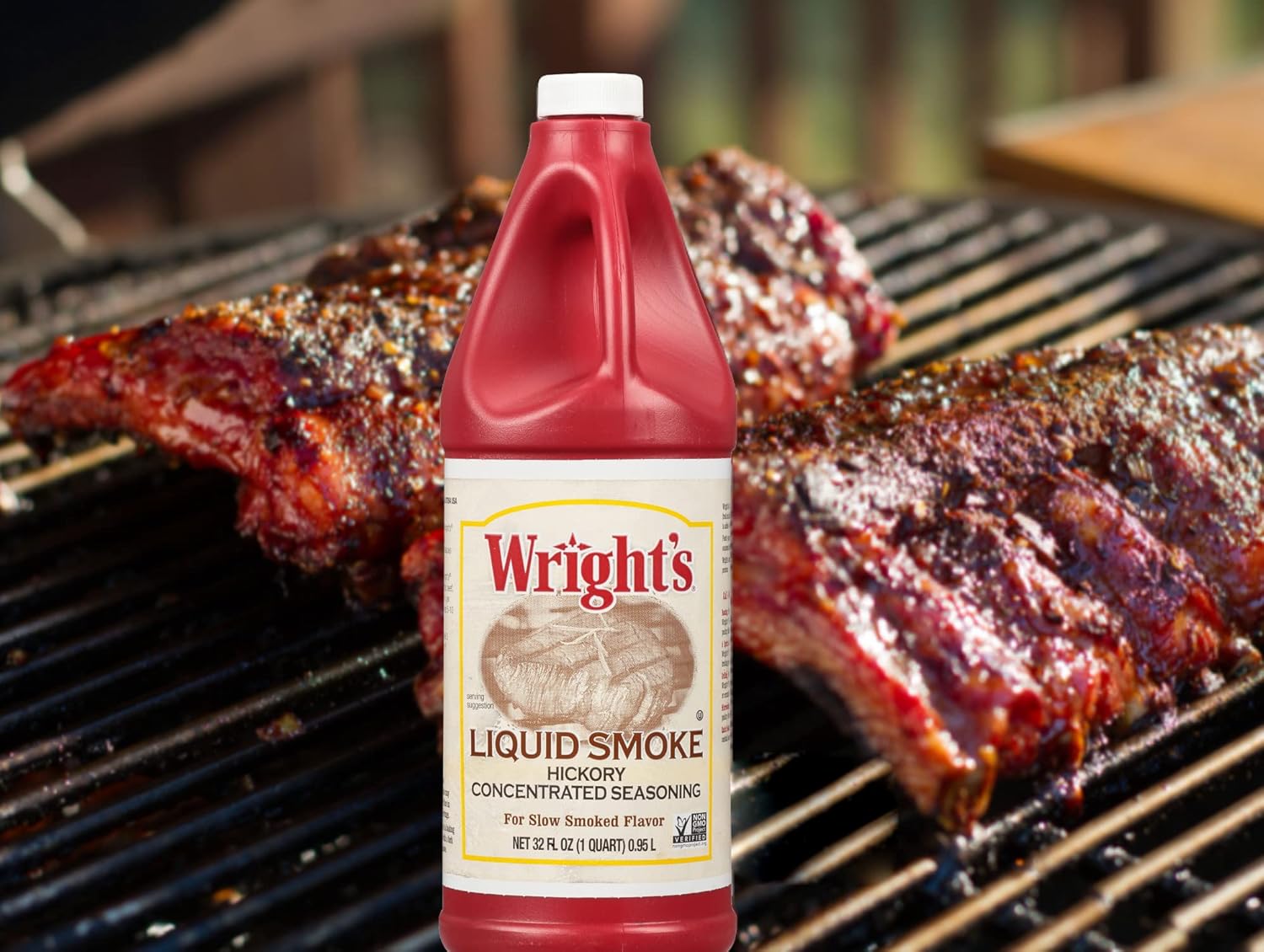 Wright’s – Condimento concentrado de nogal líquido de humo, botella de 32 onzas (paquete de 2) con cucharas giratorias By The Cup