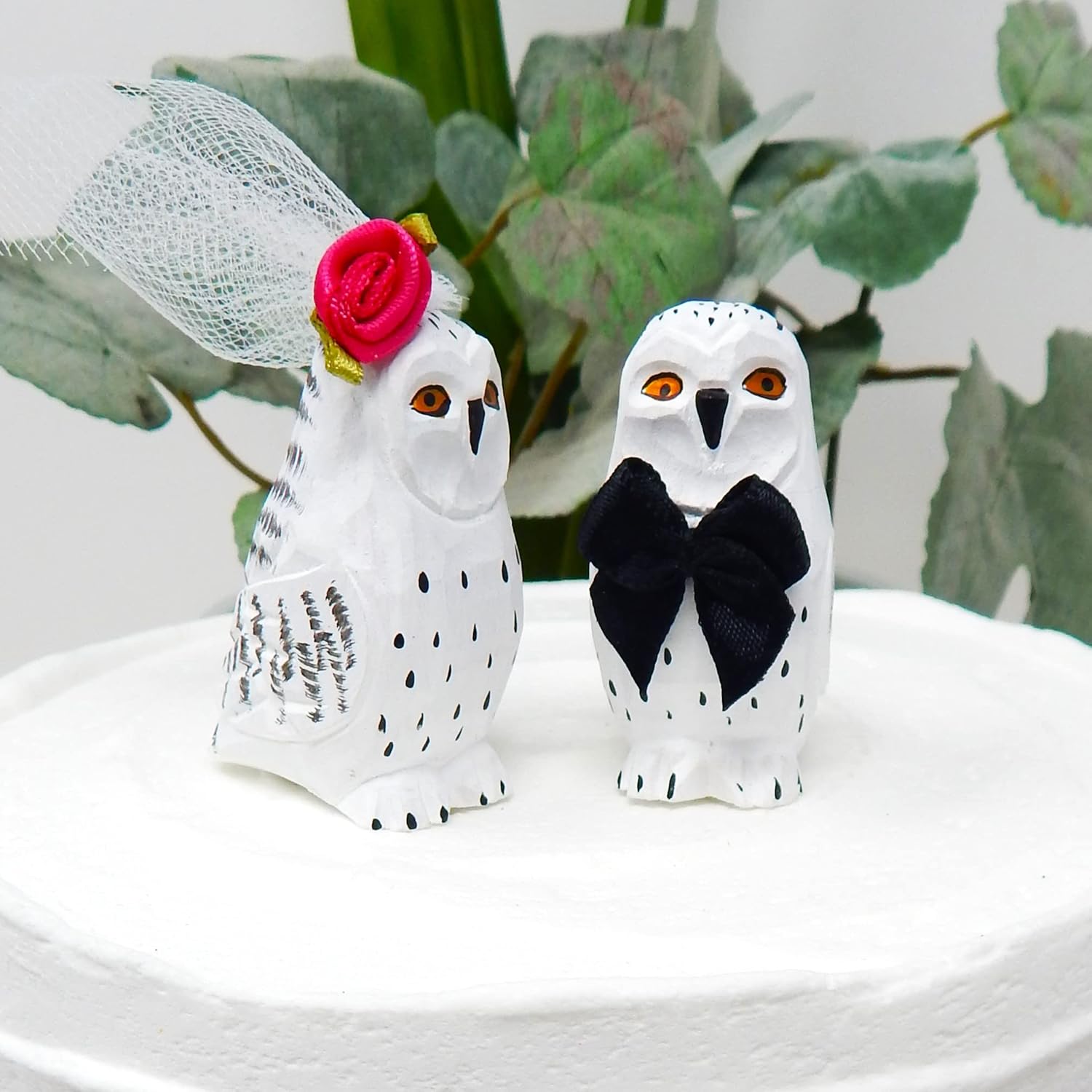 Búho de las nieves, pájaros blancos, decoración para tarta, novia y novio, boda, compromiso, aniversario, estatua de madera tallada
