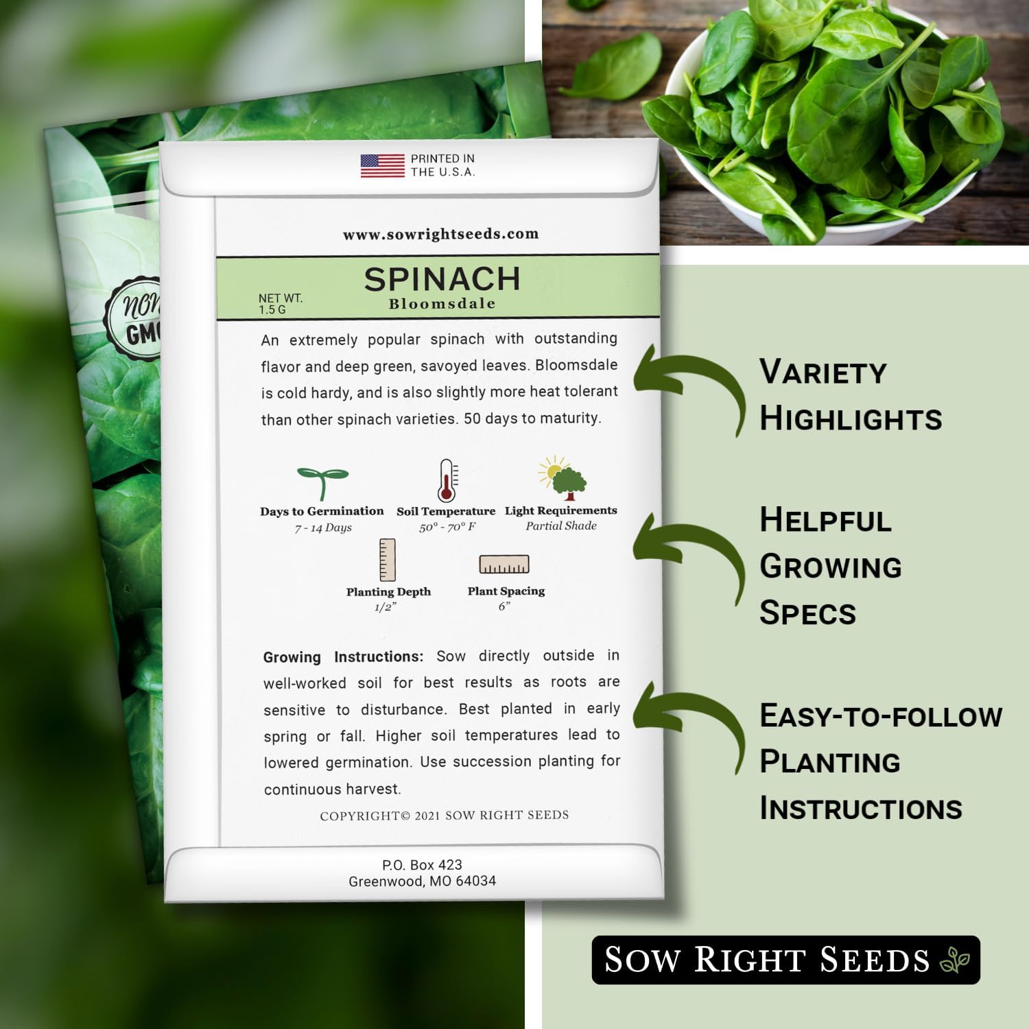 Sow Right Seeds – Semillas de espinaca Bloomsdale para plantar – Paquete de reliquia sin OMG con instrucciones para plantar y cultivar un huerto en