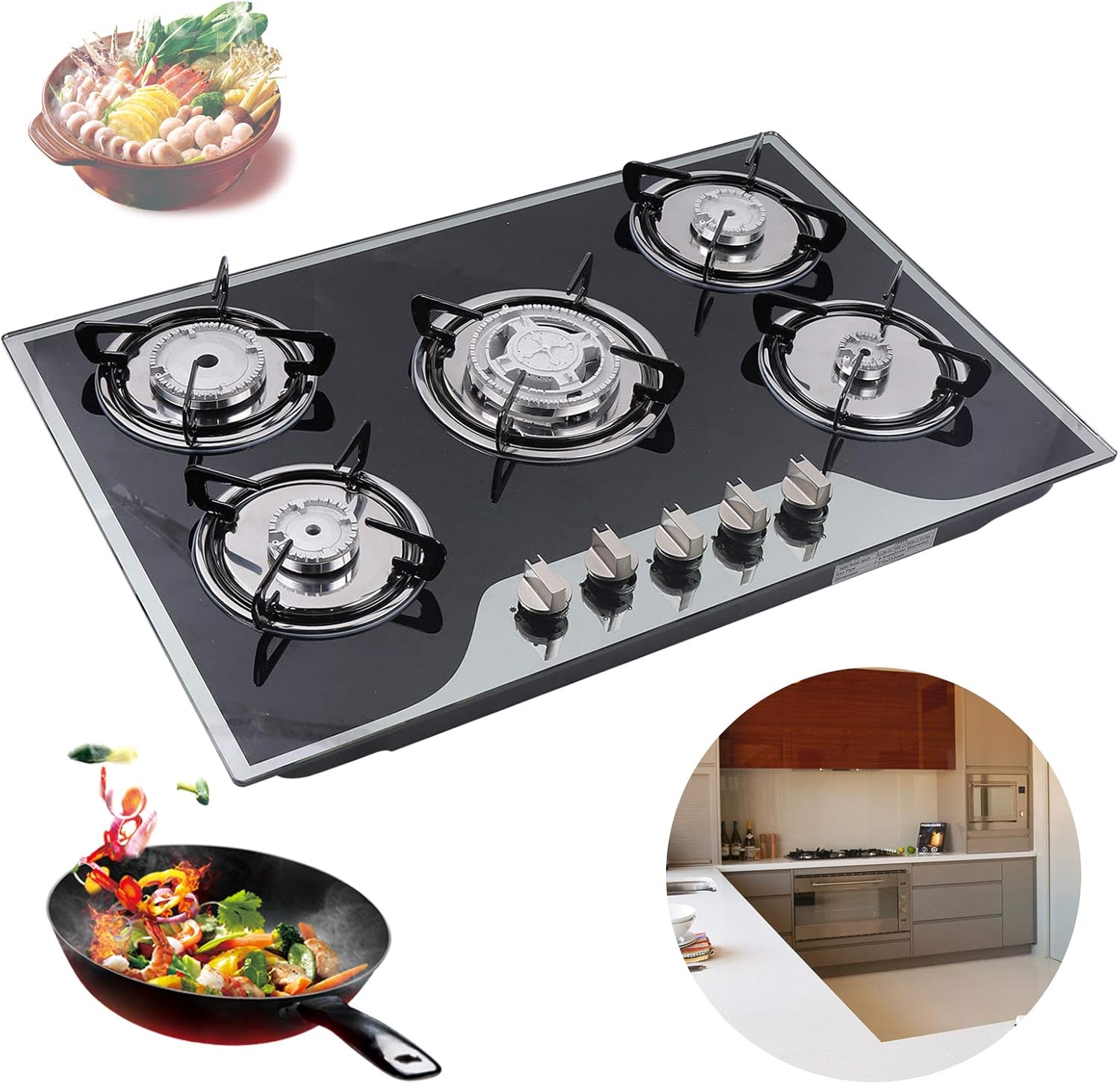 Panel de vidrio templado negro de 15 pulgadas, placa de gas LPG integrada, placa de cocina portátil de gas LPG, encimera de cocina de gas doble para