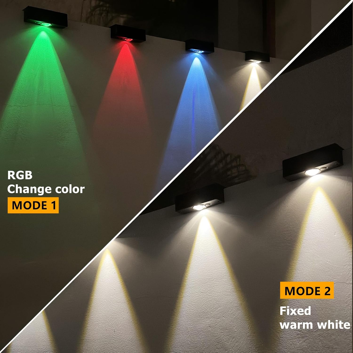 Luces solares para valla al aire libre, impermeables, LED blanco cálido y RGB conmutables, luces solares para terraza, luces de cerca del atardecer