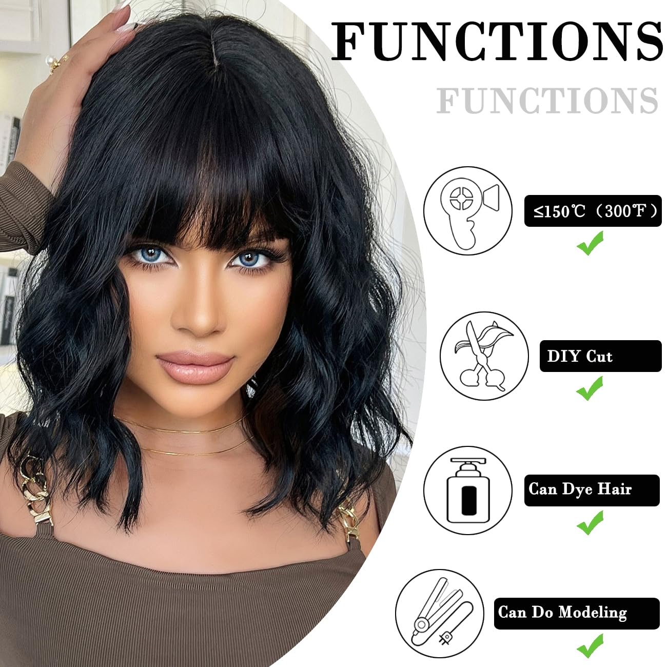 Pelucas cortas onduladas negras para mujer, peluca natural hasta el hombro con flequillo, pelucas sintéticas para cosplay diario