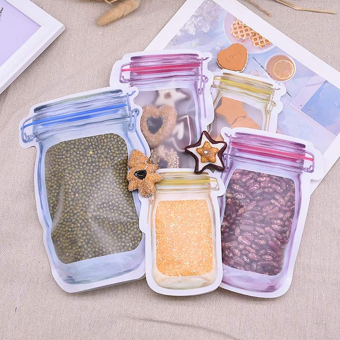 60 bolsas de almacenamiento de 3 colores mixtos para ahorro de alimentos, con patrón de tarro de masón, reutilizables, portátiles, con cremallera,